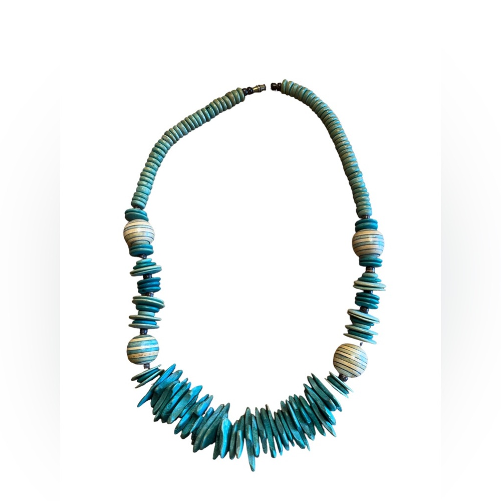 Wood Teal Beaded Necklace
